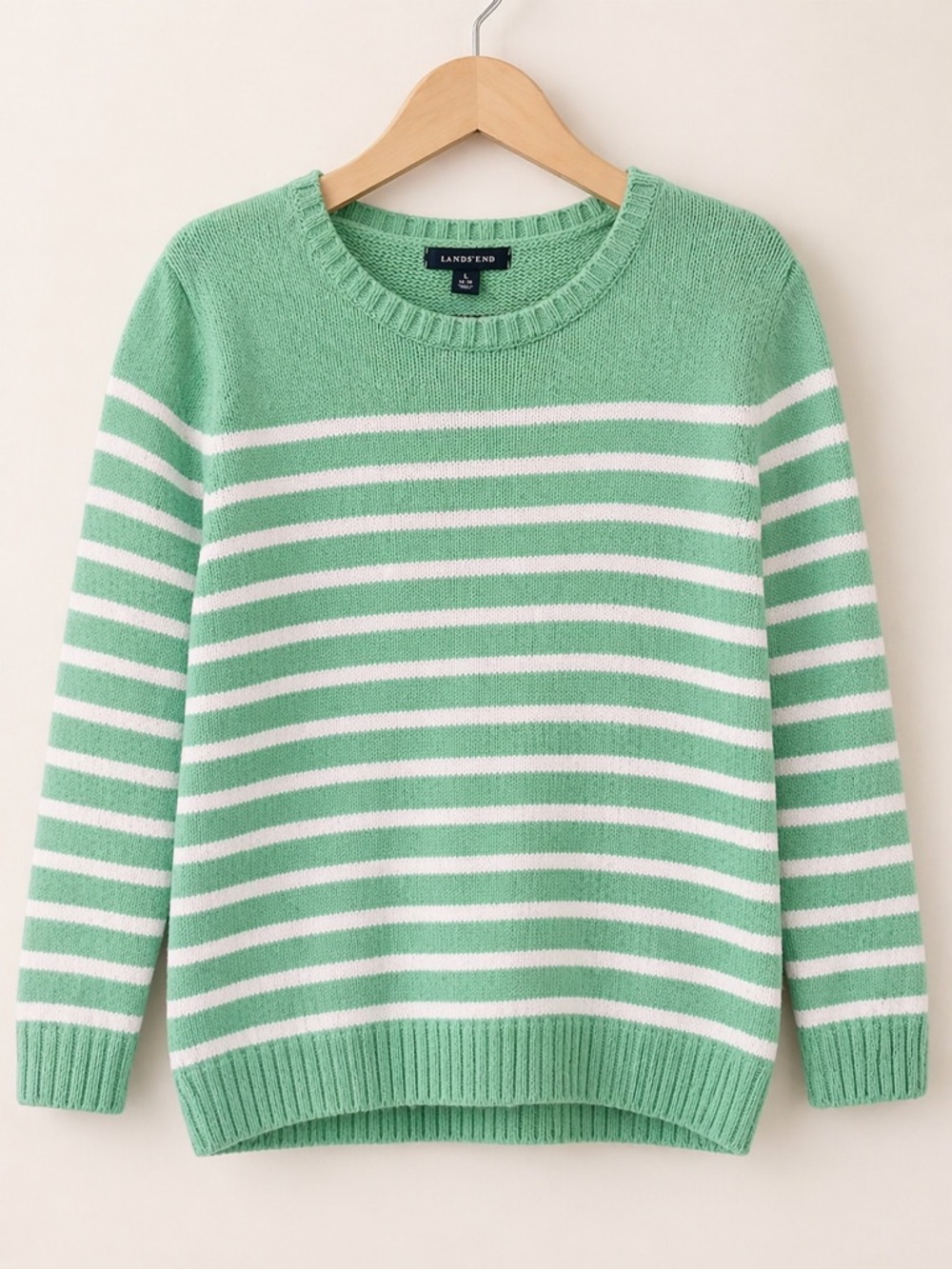 Lands' End vintage Green and White Striped Crewneck Sweater